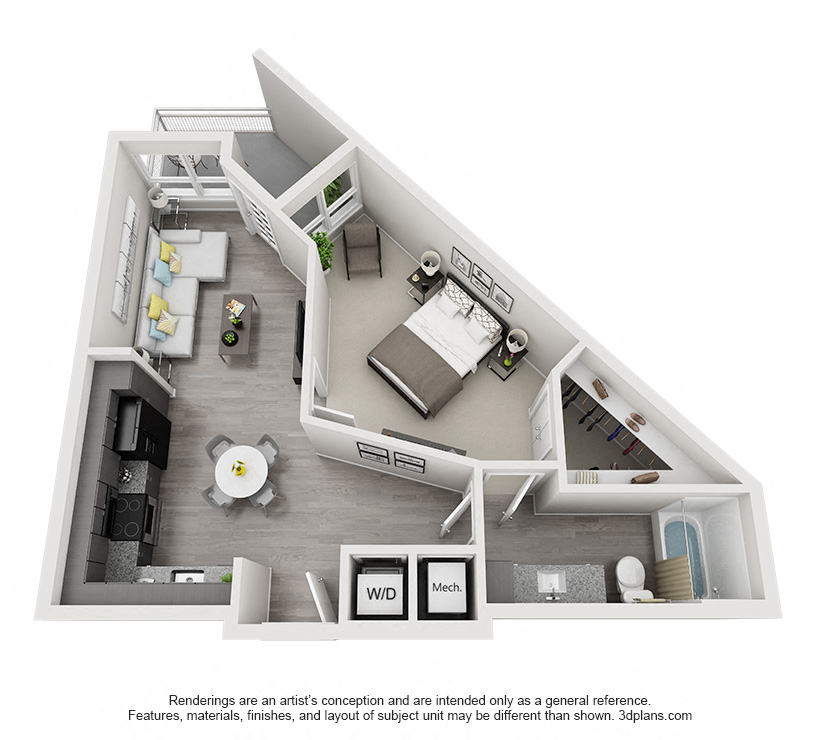 Floor plan for 1 bed, 1 bath, 675 sqft